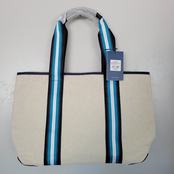 Cole Haan NWT Summer Canvas Tote Natural Navy Grand Series Leather Trim - Picture 5 of 12